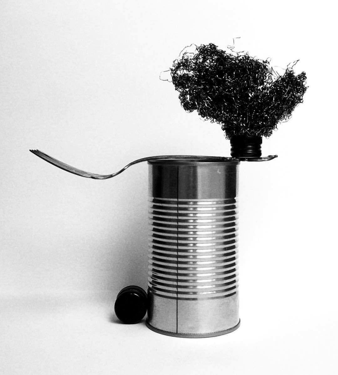 2017 06 08 - 159 of 365 . bottle cap, tin can, serving fork, bottle cap, steel wool