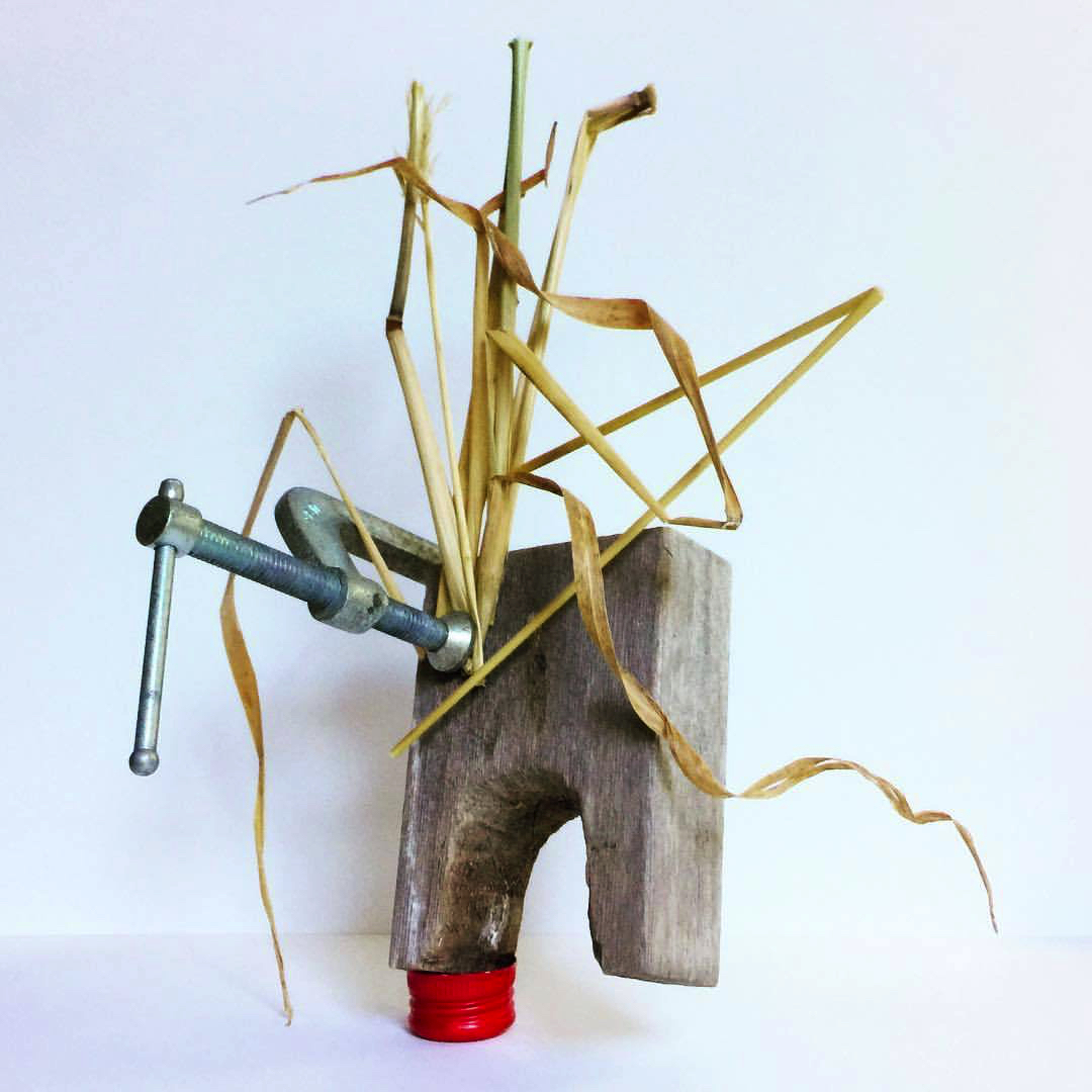 2017 08 23 - 235 of 365 . bottle cap, wood block, grass stems, c clamp
